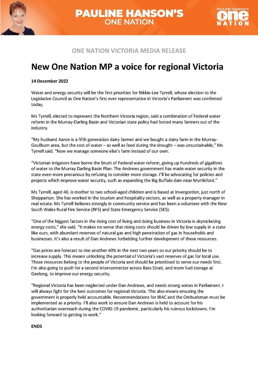 OneNationAus's tweet photo. New One Nation MP a voice for regional Victoria!
Congratulations to Rikkie-Lee Tyrrell who has just been elected to represent the Northern Victoria region after One Nation's successful Victorian state election campaign. https://t.co/mT6F8fAJ2W