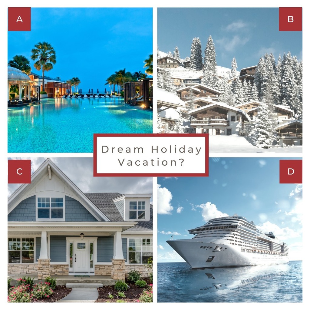 Holiday Faves Take 2!
Vacation Location: Beach Resort, Ski Resort, Home Sweet Home, Cruise

Allisha: Can I choose D to A with just the hubs then back to C to pick up the kids for a long weekend at B? Momma needs a vacay! 💁‍♀️
Nathan: See Comments for His… instagr.am/p/CmIKCUetbh2/
