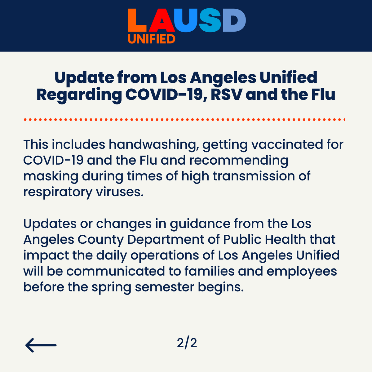 Update from Los Angeles Unified re: COVID-19, RSV and the Flu. For more information, please follow Los Angeles Unified on Twitter @laschools and @lausdsup, Instagram at @laschools and @lausdsup and Facebook at @laschools and @AlbertoMCarvalho1.