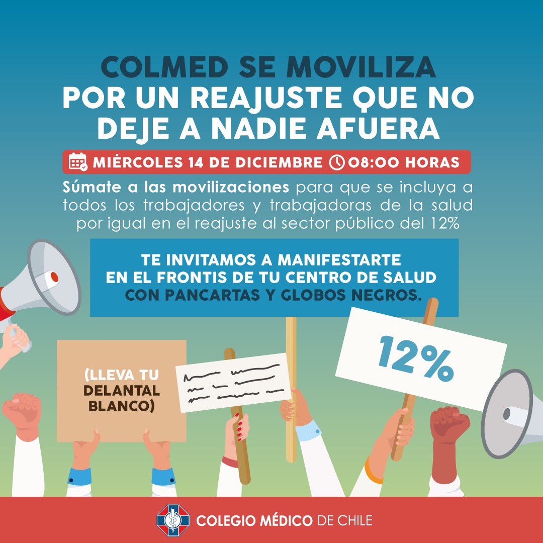 ColmedOsorno's tweet photo. ¡Atención!📢Ante la nula respuesta y falta de propuesta del Ejecutivo, sobre reajuste del 12% para médic@s del sector público. Les invitamos a unirse a la movilización este miércoles 14, en el frontis de tu centro de salud. ¡#ColmedSeMoviliza por un #Reajuste2023ParaTodos! https://t.co/GFw2tO2rUd