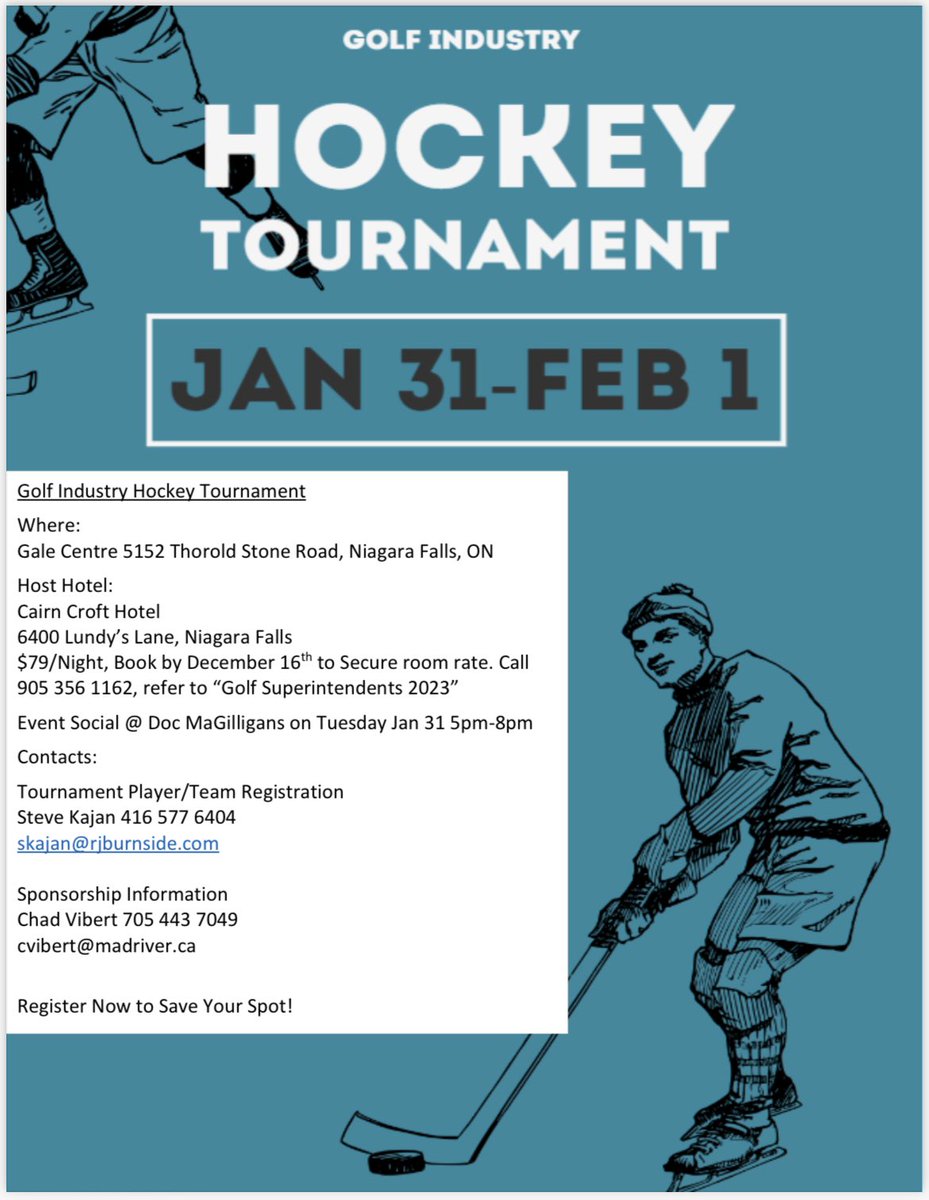 The Golf Industry Hockey Challenge is still looking for players in the Over-40 category. Please contact <a href="/kajanman/">steve kajan</a> or myself to get registered.  Details below.  Please RT to spread the word!  <a href="/jarchambault1/">Joel Archambault</a> <a href="/MikeCreed13/">Mike Creed</a>