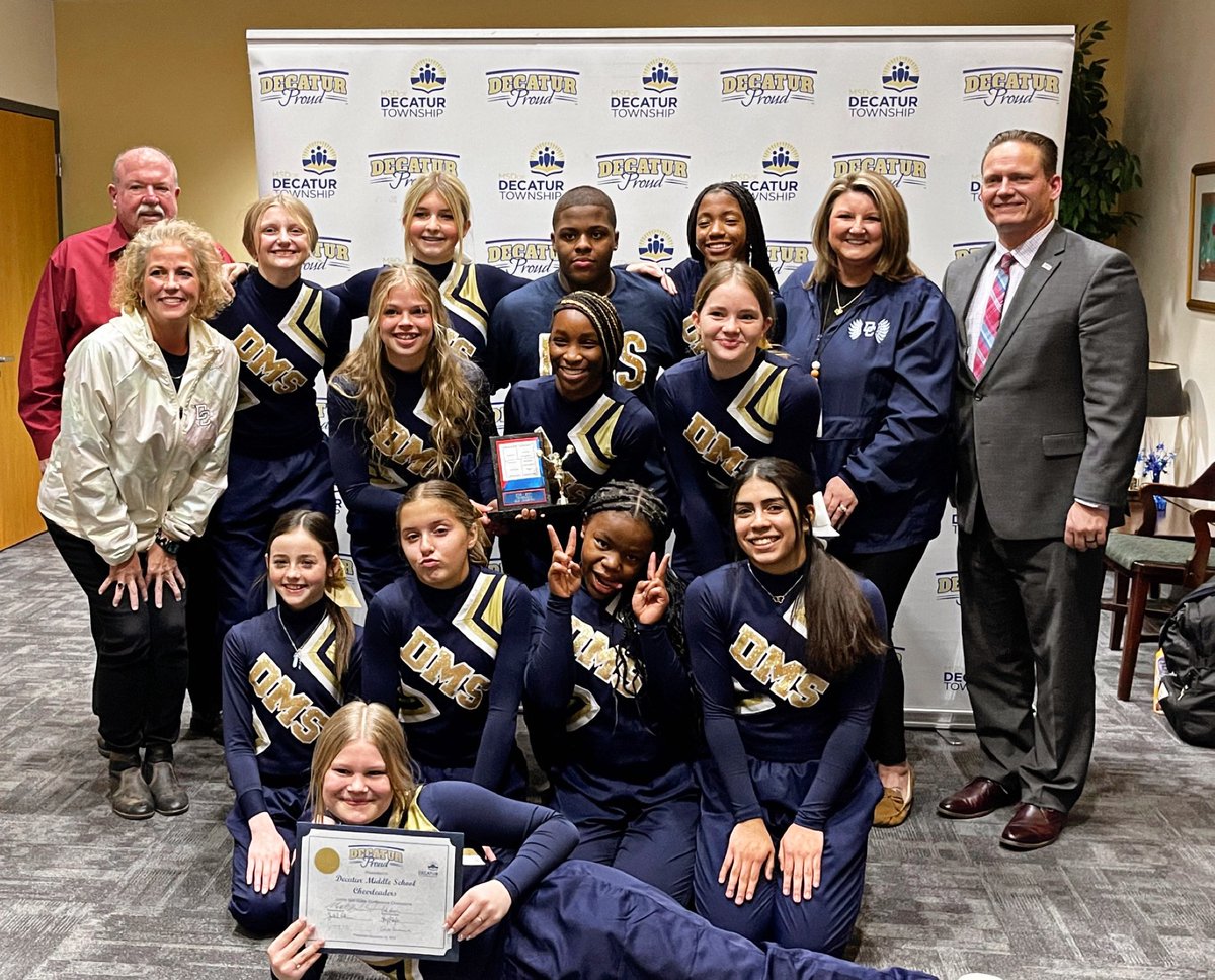 Congratulations to our middle school! They were Recognized at the board meeting tonight for being Jr. Mid-State conference champs! First time ever that our middle school cheer team competed and won! #DecaturProud! #makinghistory
