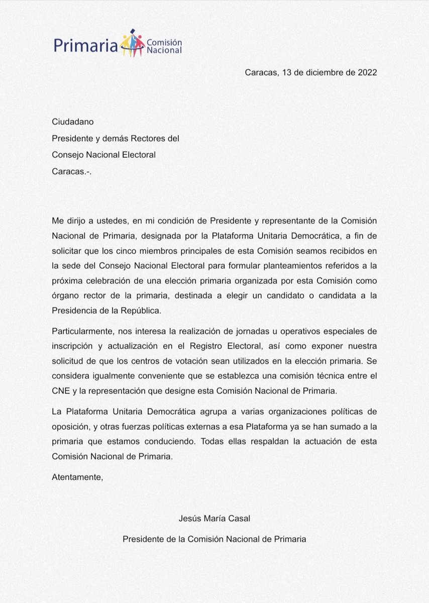 cnprimariave's tweet photo. La @cnepimariave envió este 13 de diciembre una comunicación al CNE, en la que solicitamos oportunidad para considerar: 

- Operativos especiales de inscripción o actualización en el RE 
- Uso de centros electorales, que son de todos los venezolanos, para la primaria https://t.co/HAoHZXvlz4