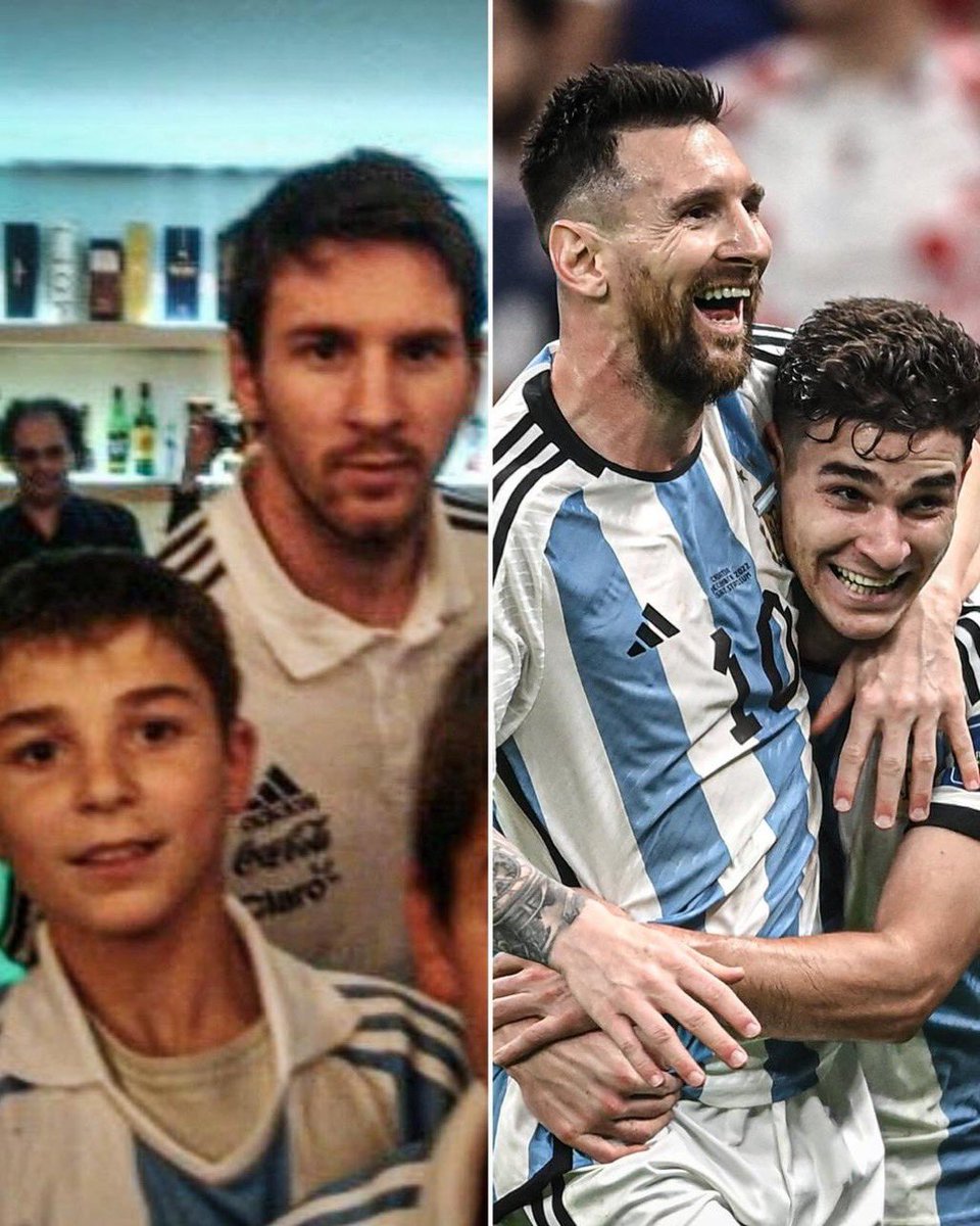 AmeliachPSUV's tweet photo. El jovencito de la izquierda, años después es habilitado por Messi en la semifinal de un mundial. Julián Álvarez logra 2 goles y provoca un penalti que materializa Messi. Un sueño cumplido. https://t.co/AvXasLiIA7