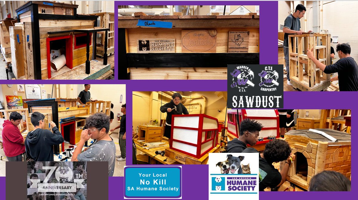 Chase Haecker #cteproud #sawdust (@warrenctewood) on Twitter photo Boy do we have a great treat for <a href="/sahumane/">SA Humane Society</a> furry friends when we return in the new year! Warren HS CTE Construction students are finishing up 10 custom doghouses and cat shelters to donate to them!
<a href="/melg2005/">Melissa Hurst</a> <a href="/BernadetteG15/">Bernadette Gonzales</a> <a href="/ROllendieck/">Reggie Ollendieck</a> <a href="/NISD/">Northside ISD</a> More pics tomorrow with details! #cte Boy do we have a great treat for <a href="/sahumane/">SA Humane Society</a> furry friends when we return in the new year! Warren HS CTE Construction students are finishing up 10 custom doghouses and cat shelters to donate to them!
<a href="/melg2005/">Melissa Hurst</a> <a href="/BernadetteG15/">Bernadette Gonzales</a> <a href="/ROllendieck/">Reggie Ollendieck</a> <a href="/NISD/">Northside ISD</a> More pics tomorrow with details! #cte