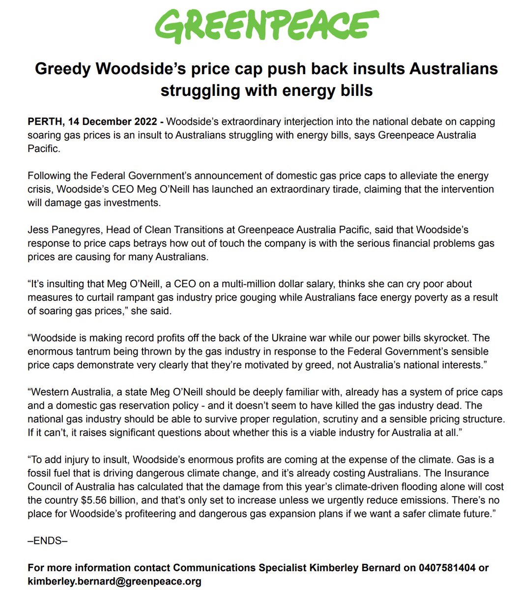 MEDIA RELEASE: Greedy Woodside’s price cap push back insults Australians struggling with energy bills greenpeace.org.au/news/greedy-wo…