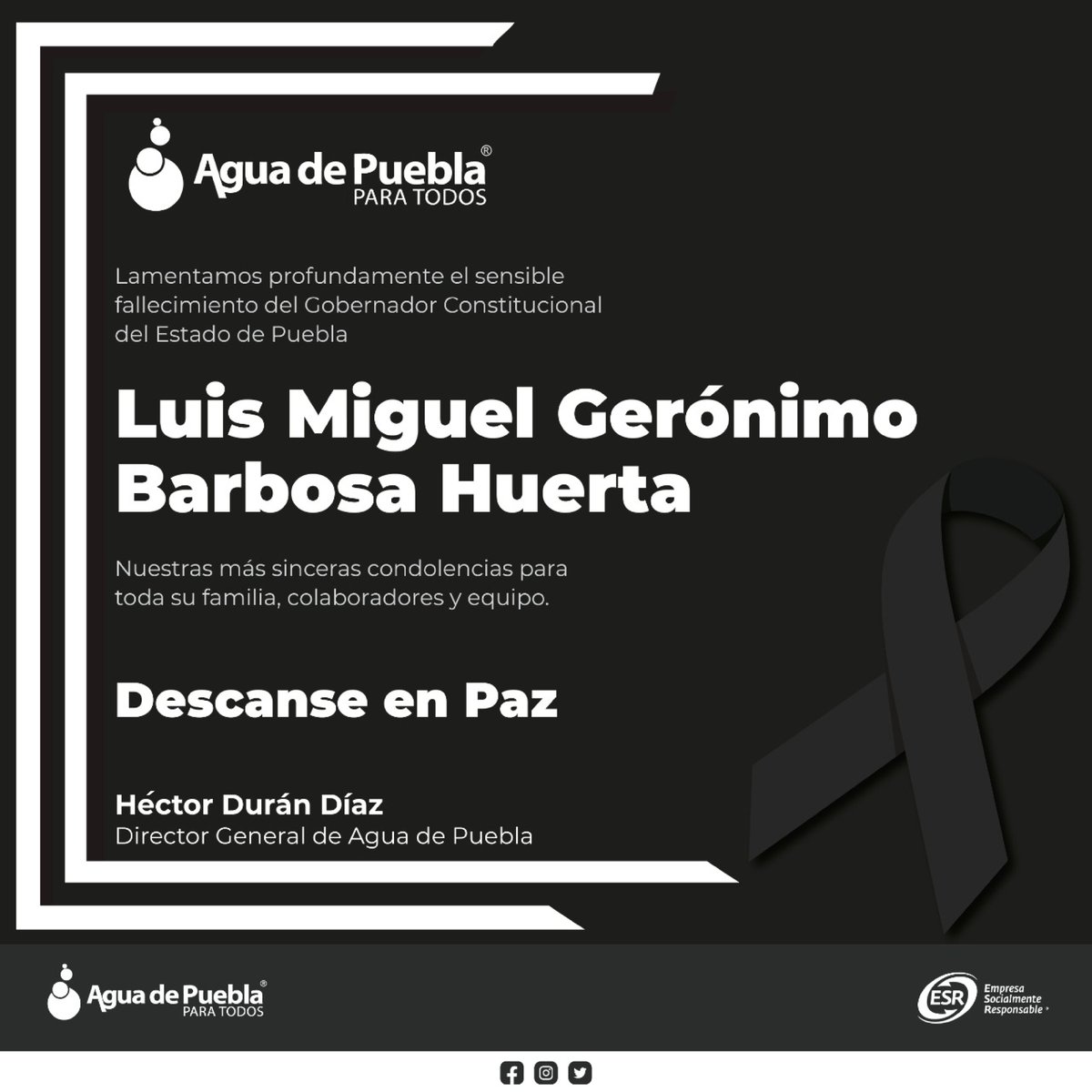 Nos unimos a la pena que embarga a la familia del Gobernador Constitucional del Estado de Puebla.
Deseamos que encuentren paz y pronto consuelo ante esta irreparable pérdida.
