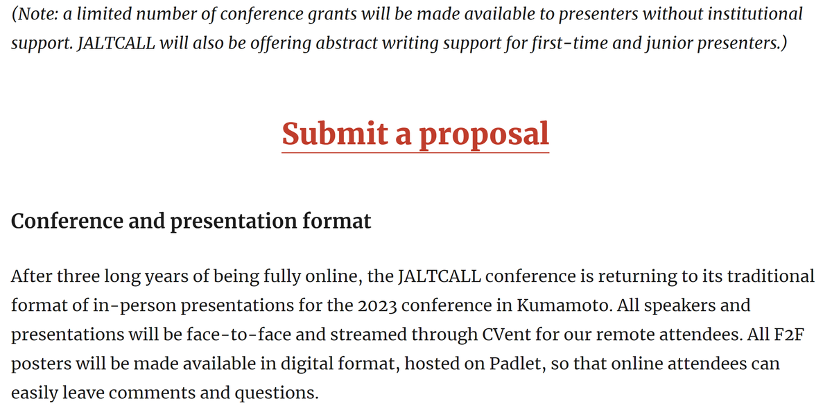 jaltcall's tweet photo. JALTCALL 2023 proposal submissions now open!
All speakers and presentations will be F2F in Kumamoto and 100% will be made available online. 
Call for proposals deadline: Feb 14
Conference dates: June 2 - June 4
Submission Link:
https://t.co/jeGrpf3tCU https://t.co/afJlcdXWCM