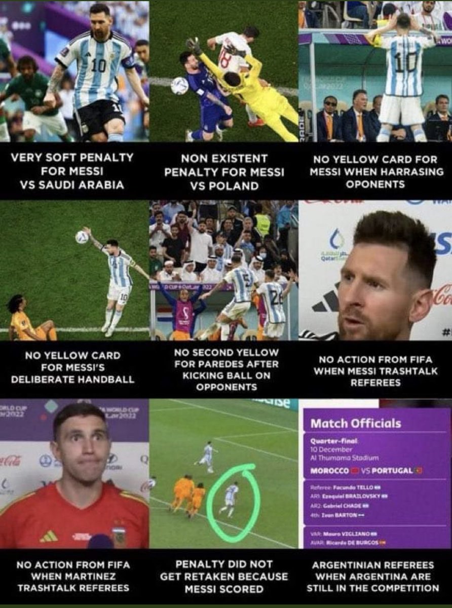 UncoverFIFA's tweet photo. The FIFA 2022 World Cup is rigged for Messi and Argentina to win the competition.

After another game of controversial decisions vs. Croatia, they’re now headed to the final.

It’s now evident that FIFA are actively trying to gift Argentina the World Cup. https://t.co/op8GFCJ5nS