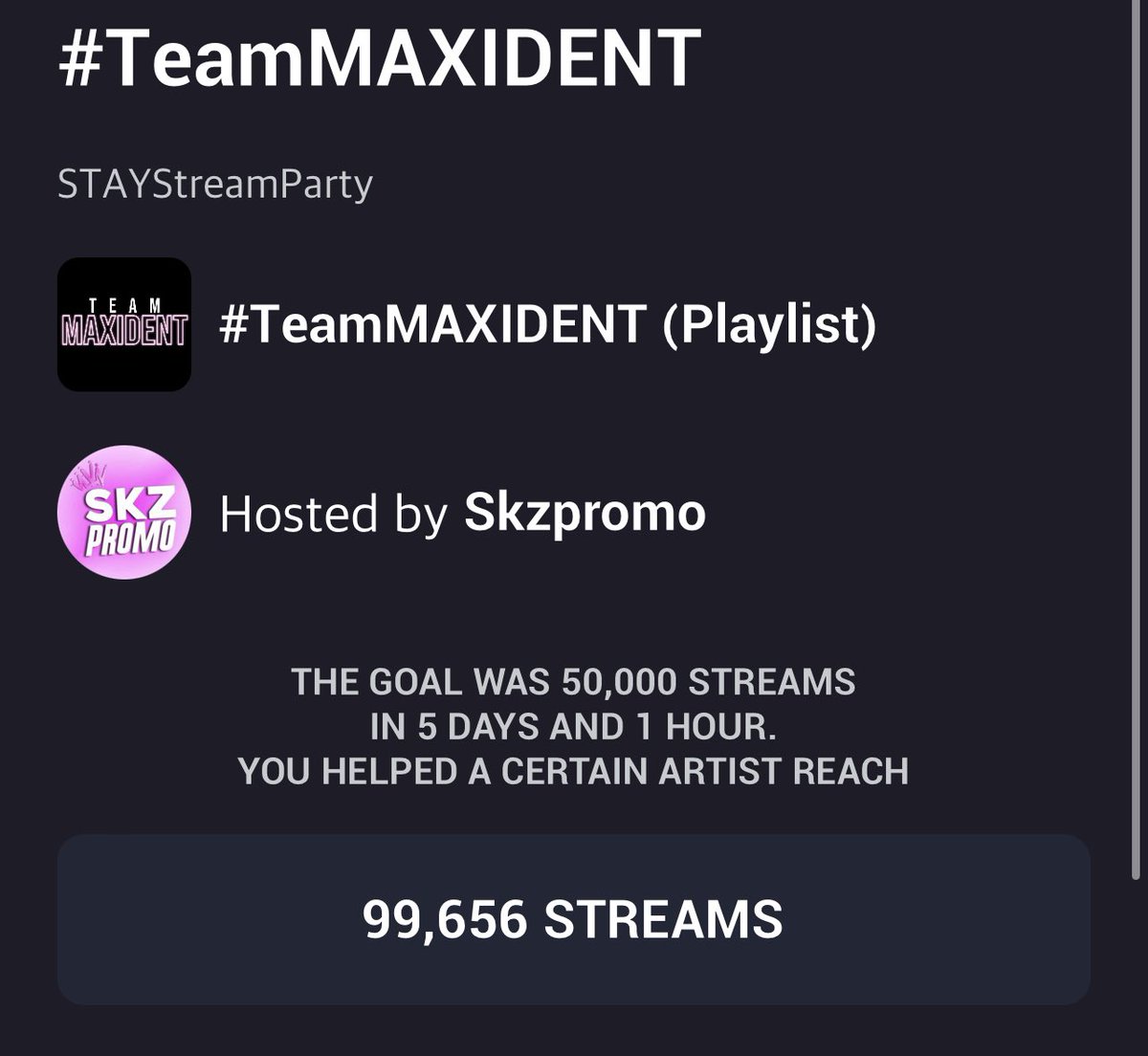 skzpromo4's tweet photo. 🎉Look at the TOP 10 Streamers in #TeamMAXIDENT !! You all did wonderful together, gaining 99,656 streams total over the 5 days of streaming!!🤯🤯🤯You all did amazing and we hope to see you next #STAYStreamParty !!👏🏾👏🏾👏🏾 https://t.co/Z7ejaWgnwf