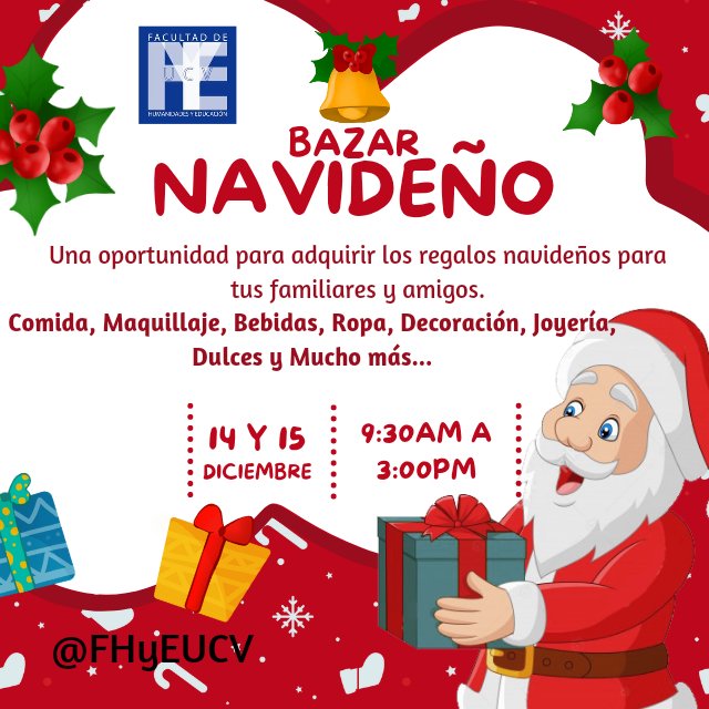 ¡Bazar navideño #FHyE!

Este miércoles 14 y jueves 15 de diciembre, tienes la oportunidad de adquirir los obsequios de navidad de familiares y amigos.

En la entrada de nuestra Facultad, de 9:30am a 3:00pm. 

Corre la voz, ¡Te esperamos!.

Telegram e Instagram: @FHyEUCV