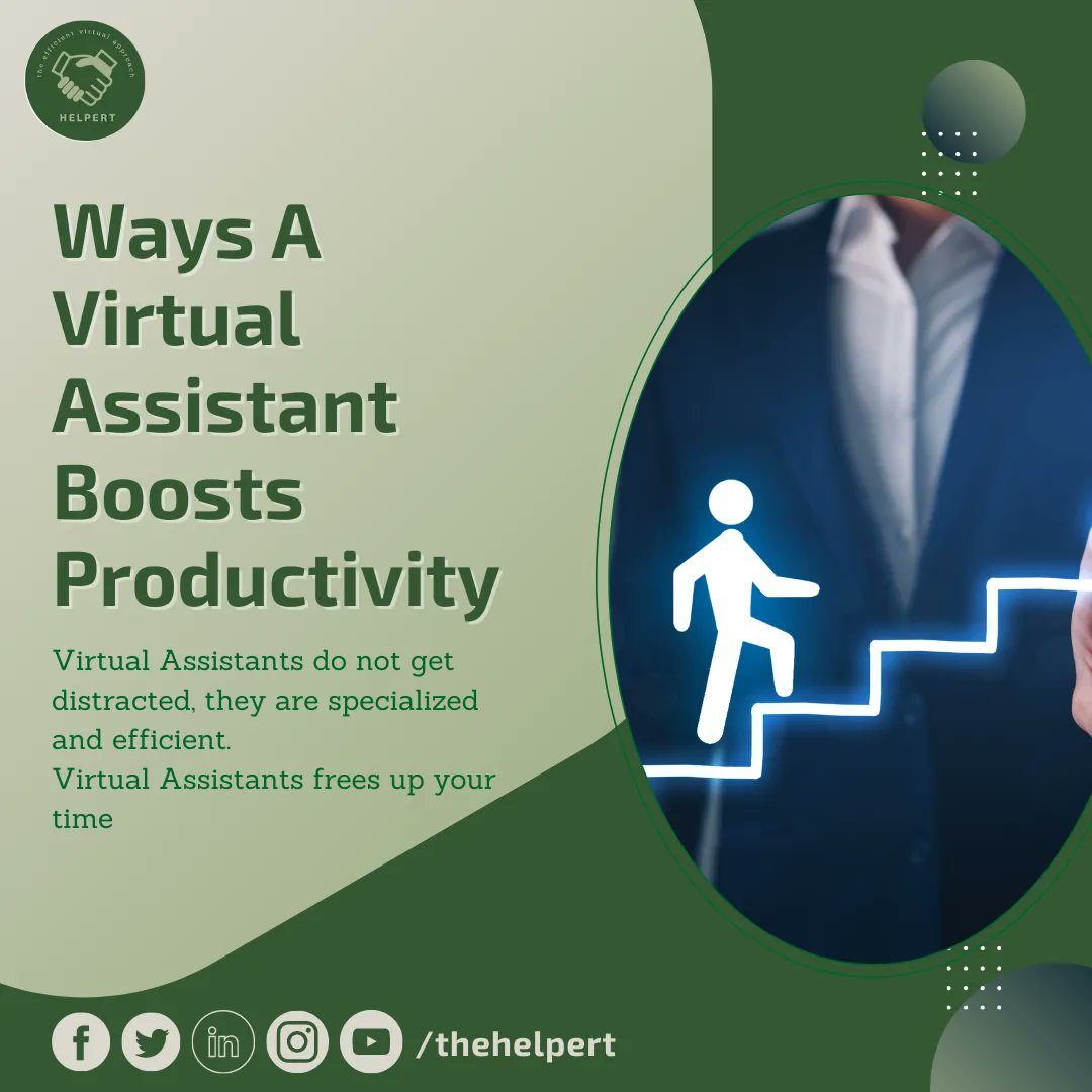 thehelpert's tweet photo. Virtual Assistants do not get distracted 👍

💯Virtual Assistants are  specialized and efficient.

Virtual Assistants free  up your time ⌚

Virtual Assistants are known to boost productivity in the workplace. Learn how they do it: https://t.co/8joDPZf8yj 

#thehelpert #helpert https://t.co/SaS32pzVwH
