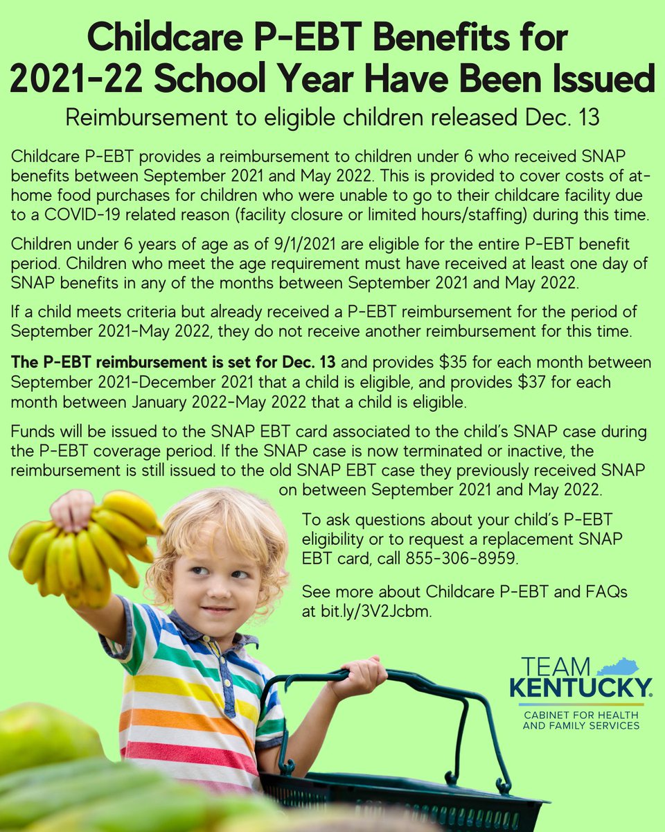 KyDCBS's tweet photo. Childcare P-EBT for eligible children for Sept 2021 - May 2022 have been released &amp; is issued starting today. This covers cost of at-home food purchases for children who were unable to go to their childcare facility due to a COVID-19 reason. See FAQs: https://t.co/wjaaREShYt. https://t.co/h83juvV8T1