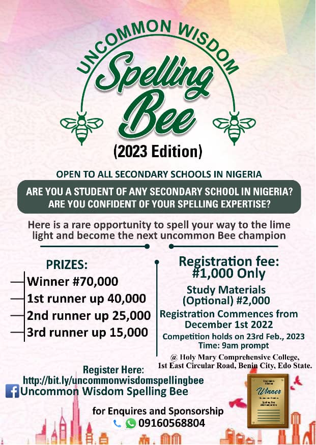 Lukenuke32's tweet photo. Join the UNCOMMON WISDOM spelling Bee competition
#uncommonwisdom
#SpellingBee
#Benincity
#Lukenuke32 https://t.co/OITTsoO8EV