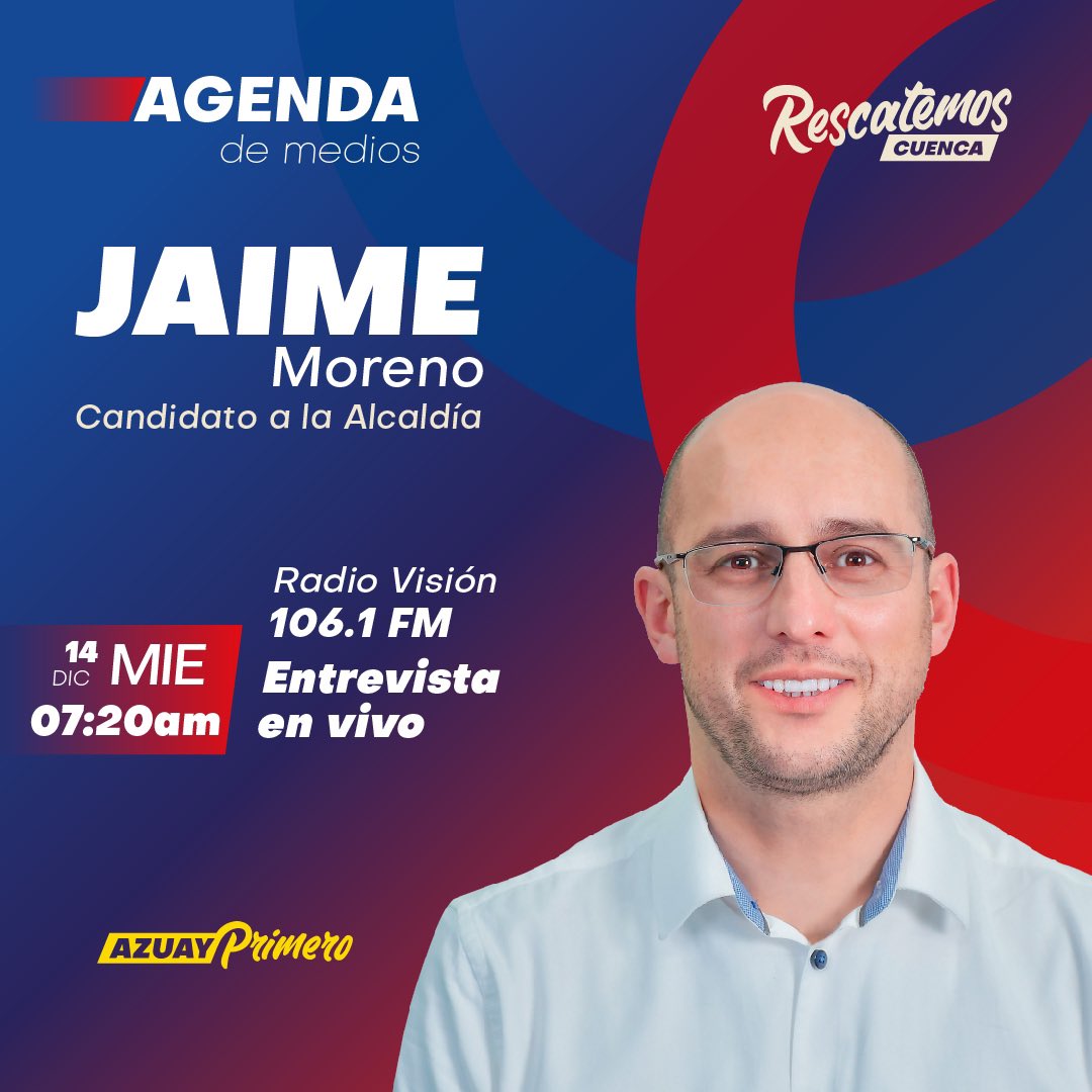 JaimeMoreno_M's tweet photo. 📌Este miércoles tenemos una cita importante. Estaremos al aire a las
7:20am por @radialvision 📻.
Estaremos en el noticiero para exponer nuestros proyectos para #CuencaEC.
#RescatemosCuenca ❤️💙 https://t.co/KfjAeJMmA4
