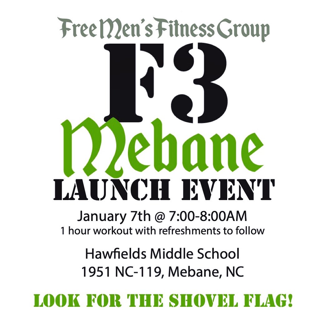 F3 Burlington (@f3btown) on Twitter photo Itâs official!
Our eastside brethren are g(r)o(w)ing out on their own⌠and we couldnât be happier or prouder. So come join them (and us!) for the official launch of <a href="/F3Mebane/">F3 Mebane and Graham</a> - Saturday, January 7th!
<a href="/F3Nation/">F3</a>
<a href="/F3Expansion/">F3 Nation Expansion</a>
<a href="/F3Greensboro/">F3 Greensboro</a> Itâs official!
Our eastside brethren are g(r)o(w)ing out on their own⌠and we couldnât be happier or prouder. So come join them (and us!) for the official launch of <a href="/F3Mebane/">F3 Mebane and Graham</a> - Saturday, January 7th!
<a href="/F3Nation/">F3</a>
<a href="/F3Expansion/">F3 Nation Expansion</a>
<a href="/F3Greensboro/">F3 Greensboro</a>