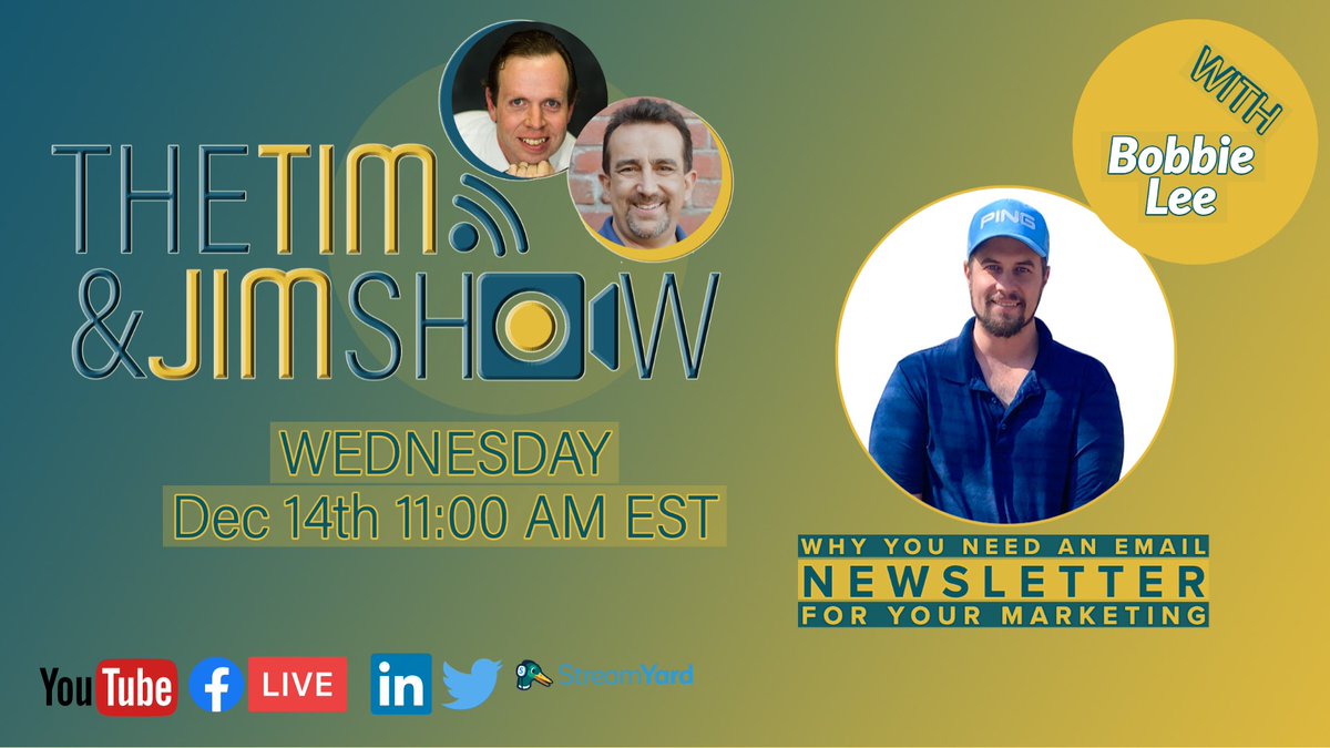 FuhsionMktg's tweet photo. Do you have an email newsletter? Need help getting started? Join us on The #TimAndJimShow where we will talk with Bobbie Lee of Green Goat Copy about how to get moving.
Join us live or on replay:
https://t.co/8Z3eTnOzBy https://t.co/vrZGqcMazI