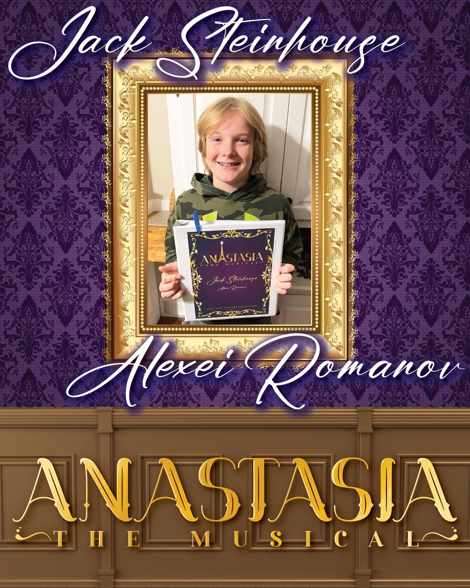 We are excited to welcome Jack Steinhouse to our company of Anastasia! 

Jack was recently seen as Les in Newsies Jr, and will be playing Alexei Romanov, Anastasia's younger brother, in our upcoming production.