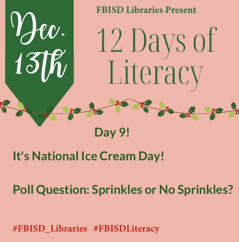 NikkieCrain's tweet photo. 12 Days of Literacy! National Ice Cream Day! No sprinkles for this librarian. ππ
#EGEReads! #FBISD_Libraries #FBISDLiteracy @GE_Eagles @FBISD_Libraries @FBISDLiteracy https://t.co/7goQzPTqTY