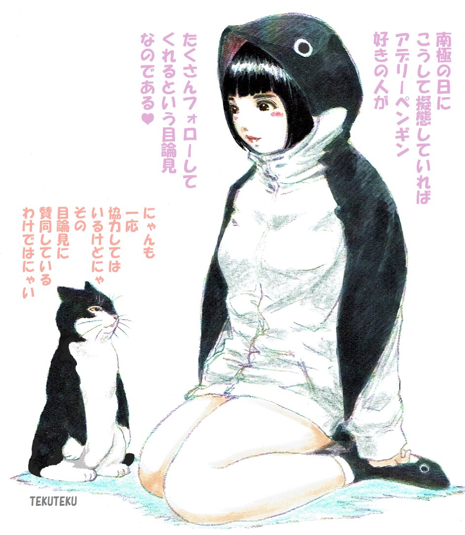 #南極の日 🐧
アデリーペンギン擬態パーカー女子と白黒猫にゃん🎶
 #illustration #オリジナルイラスト 