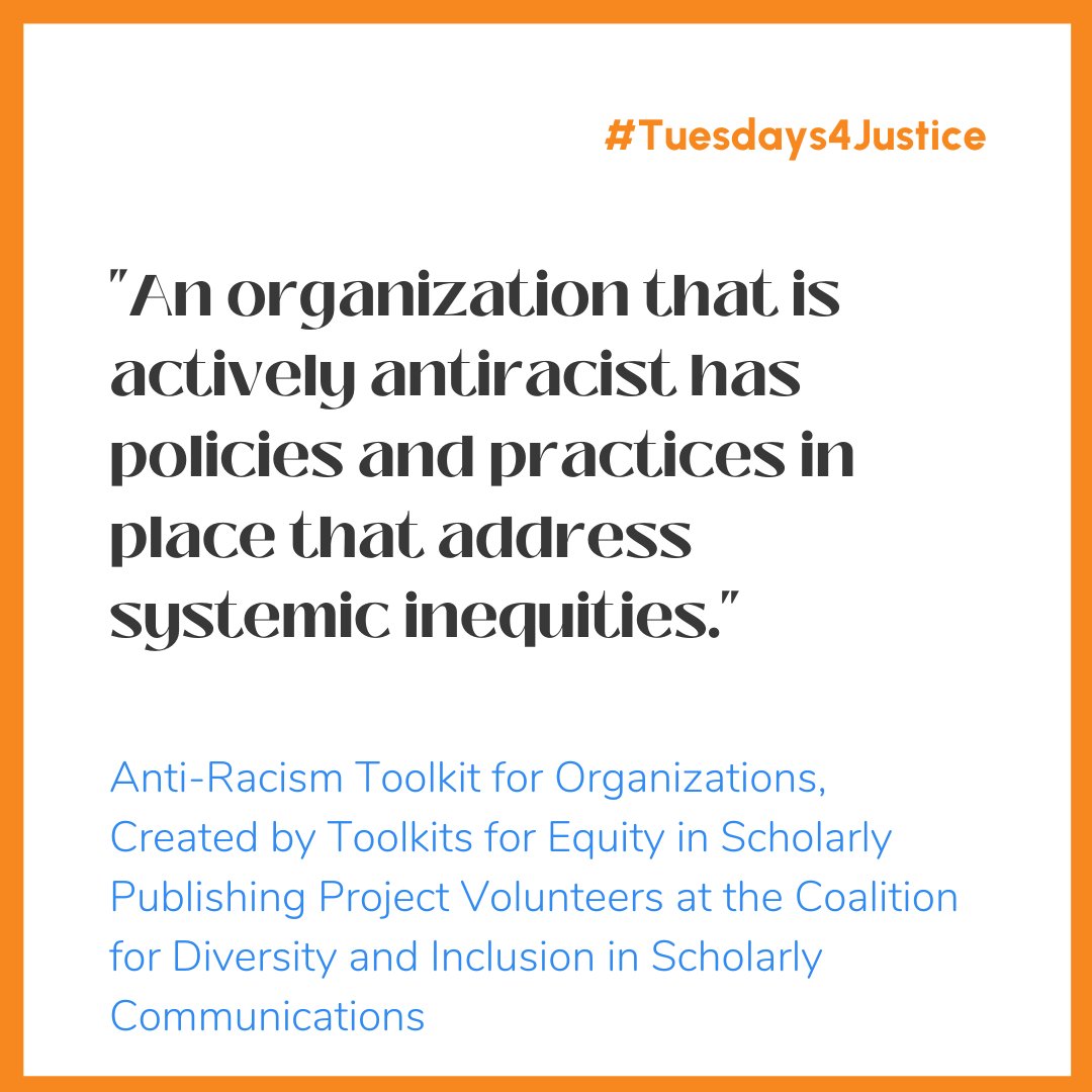 This #Tuesdays4Justice take a look at this antiracism toolkit for organizations made by Coalition for Diversity and Inclusion in Scholarly Communications.

Learn more and access the resource here: c4disc.pubpub.org/pub/84y9ozoq/r…