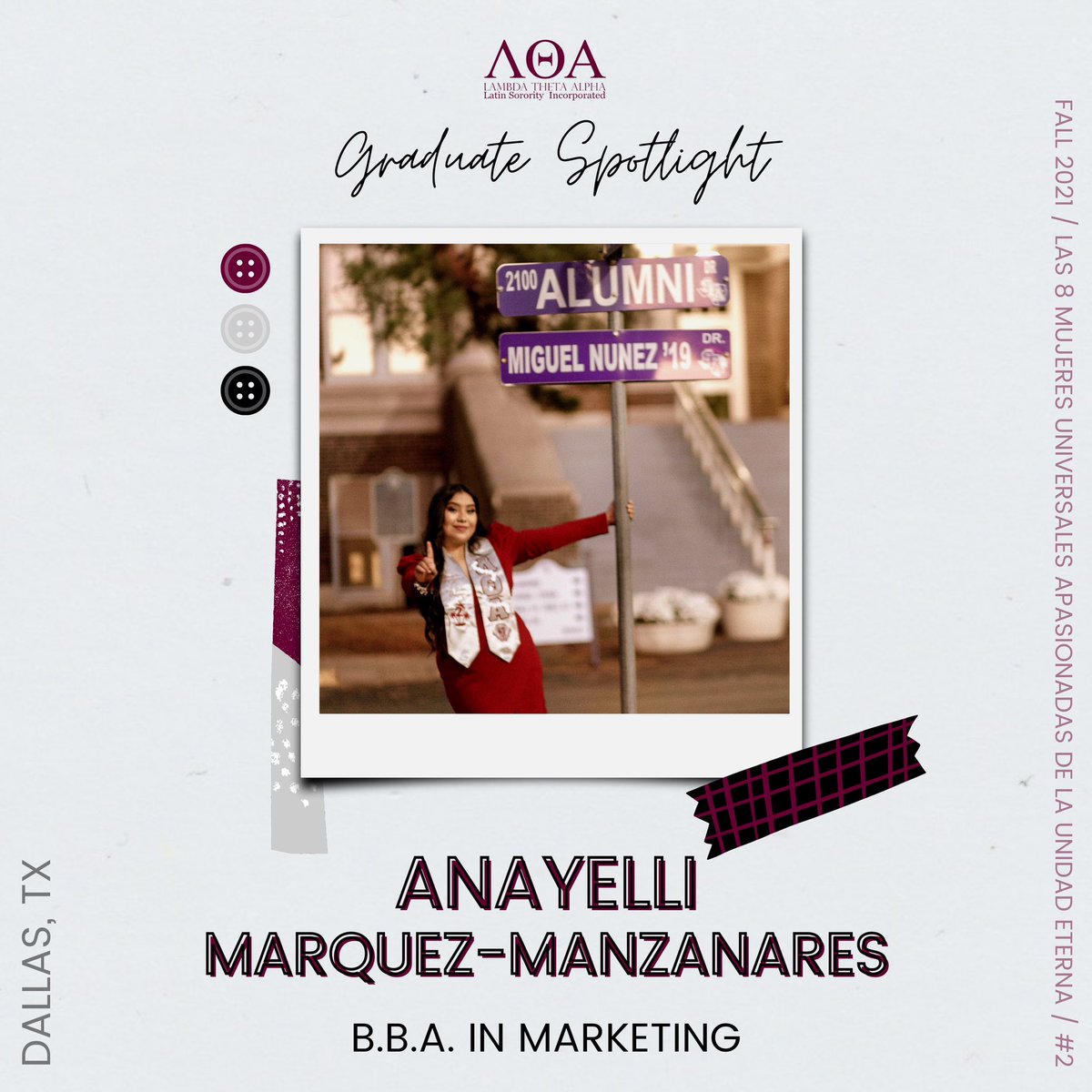 🎓 GRADUATE SPOTLIGHT 🎓
•
ANAYELLI MARQUEZ-MANZANARES, a Fall 2021 initiate of <a href="/lta_etazeta/">SFASU Lambda Theta Alpha</a> from Dallas, TX, graduated from SFA with a B.B.A. in Marketing and a Minor in Economics. She plans to begin her career in the Dallas area.