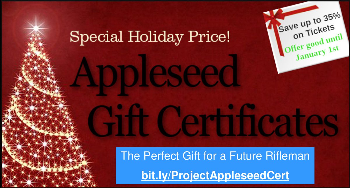 Gift Certificates available now  reduce the price of the family-friendly weekend clinic from $75 to $48.75 for adults and for under 18 from $30 to $19.50!

Project Appleseed Rifleman Clinics are scheduled ALL across the Country. Find one near you.  
  
bit.ly/ProjectApplese…