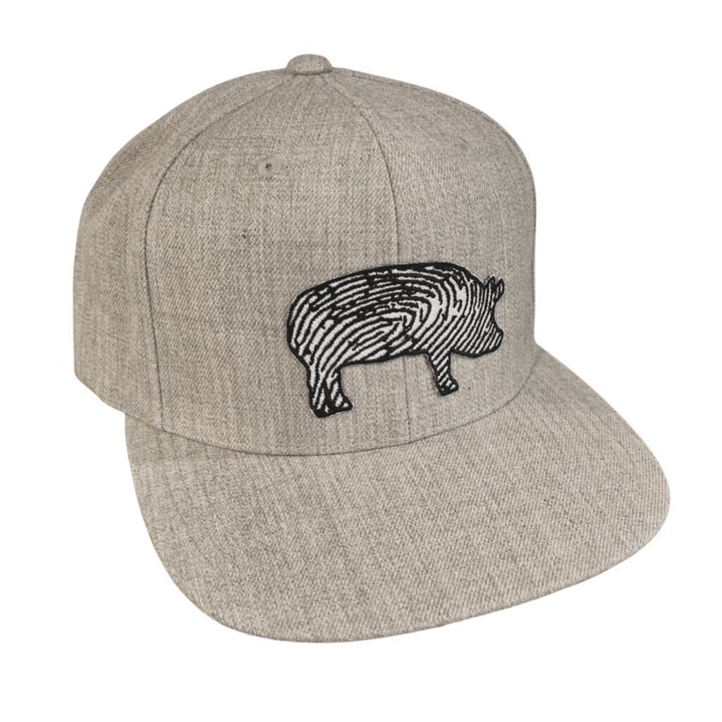 Sweet hat. 
Our iconic fingerprint pig has found its way onto a Heather Gray snapback hat. 
It’s a simple, clean, classy way to wear some Burnt Finger BBQ swag. We really like this one. Don’t you? instagr.am/p/CmIWNP-OoRn/