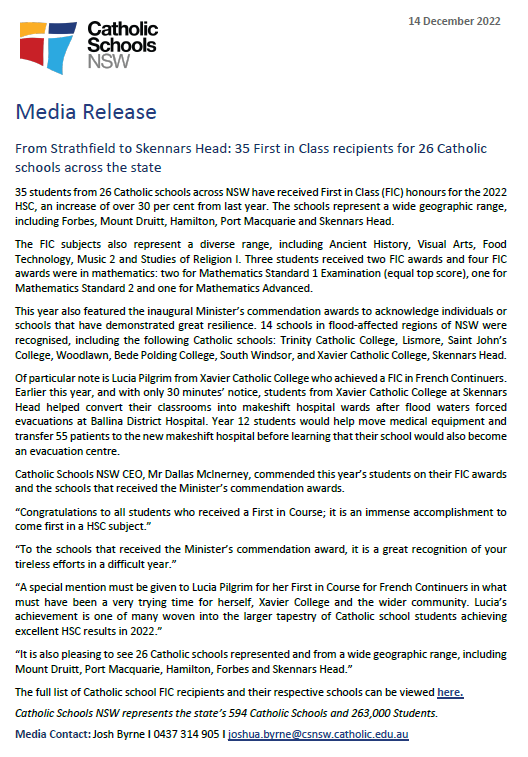 Catholic Schools NSW Media Release - 14 December 2022

From Strathfield to Skennars Head: 35 First in Class recipients for 26 Catholic schools across the state