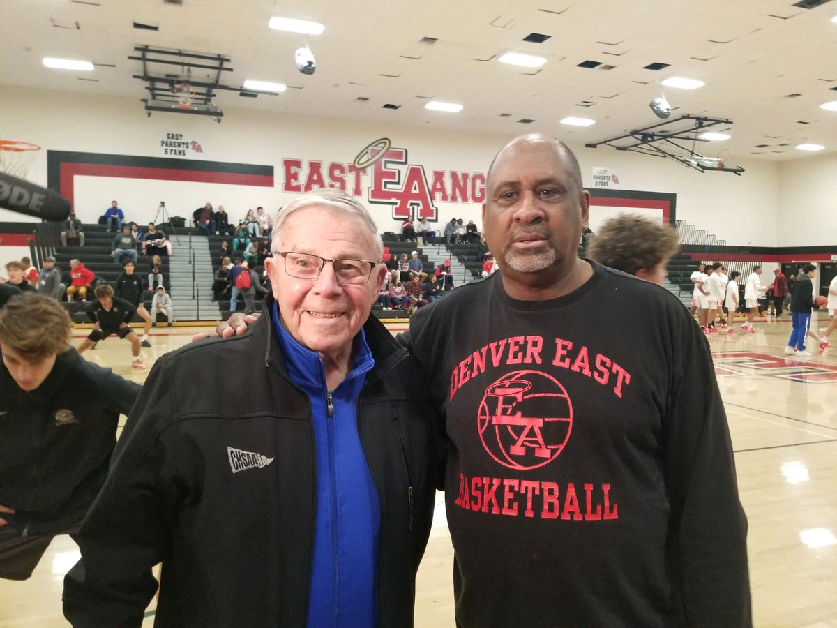 CHSAA's tweet image. At Denver East tonight, longtime Angels coach Rudy Carey is making a bid to become the all-time wins leader in Colorado boys basketball history. He’d overtake Dick Katte, who is at the game as a spectator and friend of Carey’s, with 877 career wins. #copreps