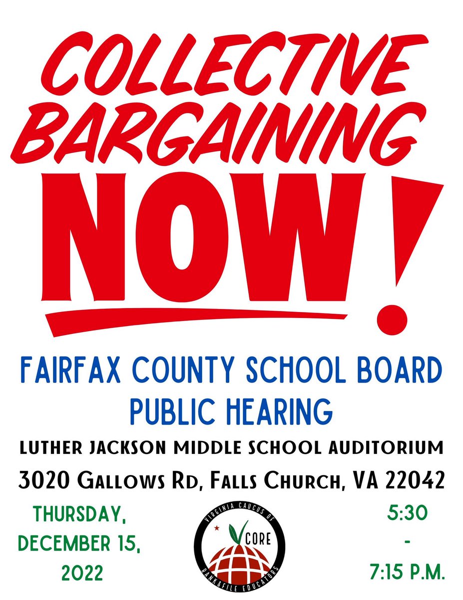 Come on out to the FCPS hearing on Collective Bargaining this Thursday, December 15th from 5:30pm-7:15pm inside the Luther Jackson Middle School auditorium (3020 Gallows Road, Falls Church, VA, 22042)! #CollectiveBargainingNow #SchoolsOurStudentsDeserve #UnionStrong #RedForEd #1u
