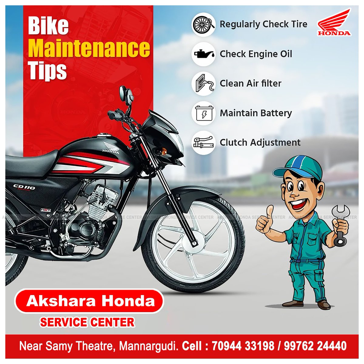 HondaAkshara's tweet photo. Akshara Honda Service Center !! #HondaService #AksharaHonda #Honda2Wheelers #AuthorizedServiceCenter #bodyandpaint #fuelefficiency #AMCService #engineoil #ServiceOffer #Mannargudi Authorised Service Center in Mannargudi. https://t.co/BURfEE3OhD