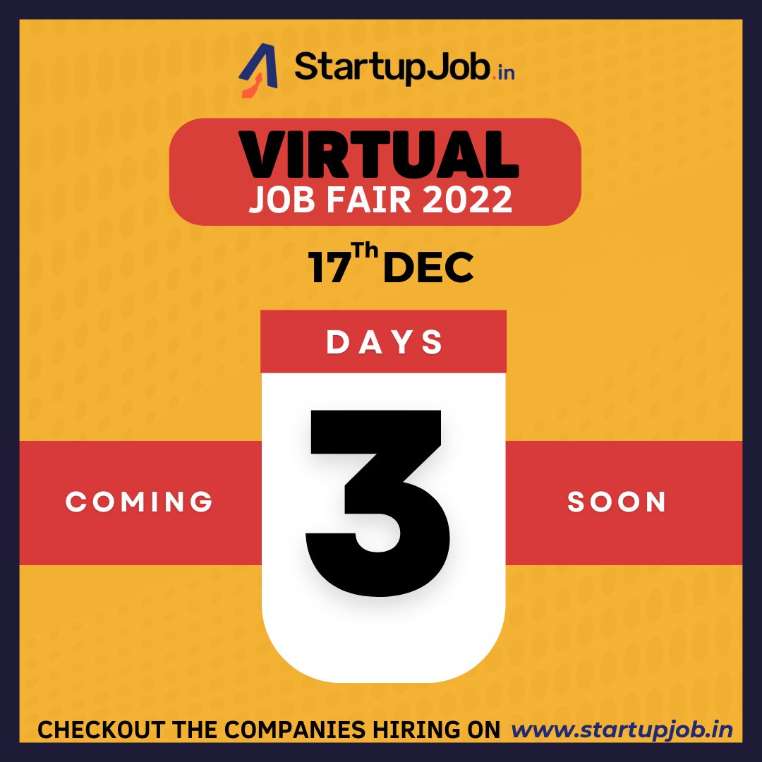 startupjobin's tweet photo. Only #3daystogo for Virtual Job Fair 2022
Now over 40 companies are hiring for 130+ jobs! Have you checked it out yet?

Create your Profile and Participate Now!

 #hiring #jobs #jobfair2022 #activejob #startupjobs #virtualjobfair #jobsearch #dreamjob #jobsforfreshers #jobseekers https://t.co/d1OJSJhYRO