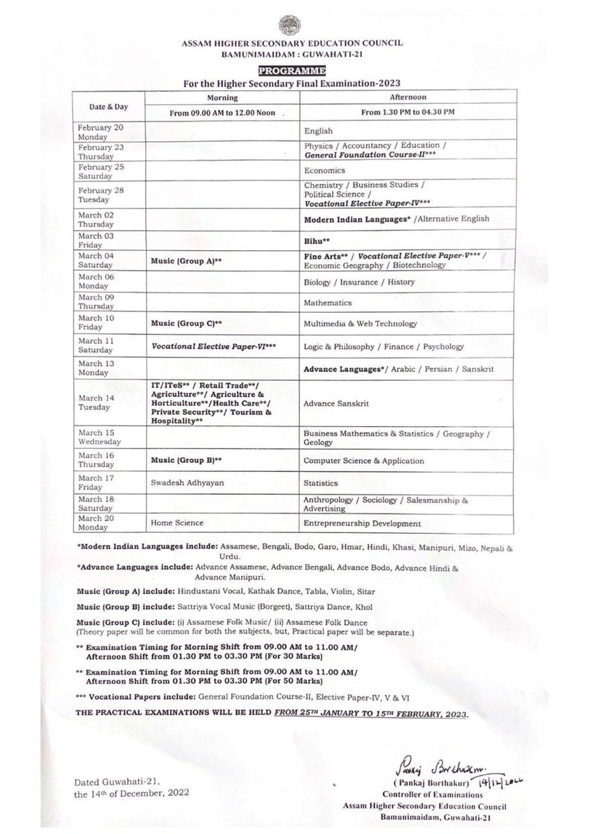 ranojpeguassam's tweet photo. Important notification on HS Final Examination 2023. The AHSEC HS Final Exam will be held from February 20, 2023 to March 20, 2023. The Practical exam will be held from January 25, 2023 to 15 February, 2023.  1/2

#AHSEC
#BoardExamAssam2023 https://t.co/pFkzDxtuiw