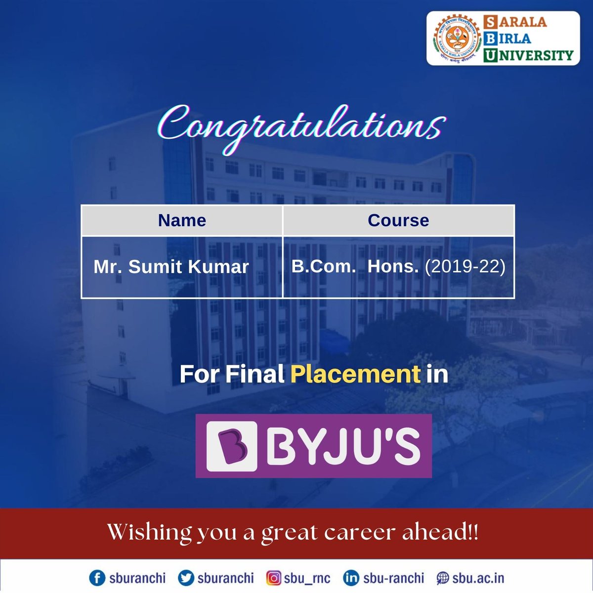 sburanchi's tweet photo. Congratulations to Mr. Sumit Kumar of https://t.co/2ivjIEZNqS. Hons. 2019-22 Batch for his Final Placement in Byju's.
#sbu #sburanchi #campusplacement #finalplacement #BCOM #bcomplacement #byjus https://t.co/matTSuNjIk