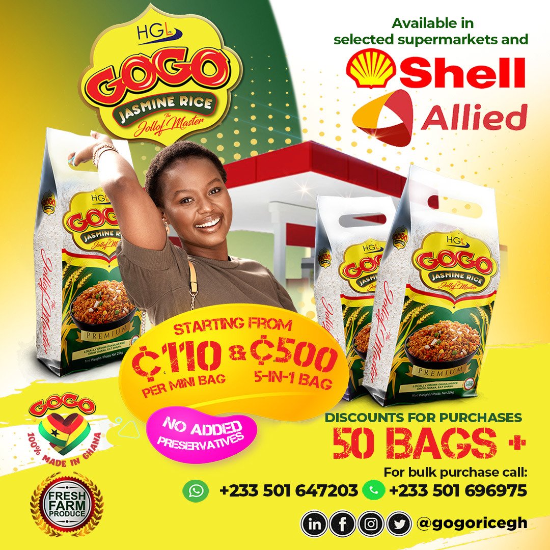 senyohosi's tweet photo. Enjoy GOGO Jasmine Rice from my farm and factory. 

*PREMIUM QUALITY
*FARM FRESH PRODUCE
*NO PRESERVATIVES
*NO ADDITIVES
PROUDLY 🇬🇭

Culinary Advice: Fresh crop. Cook with less water. https://t.co/2L1ea0Grn3