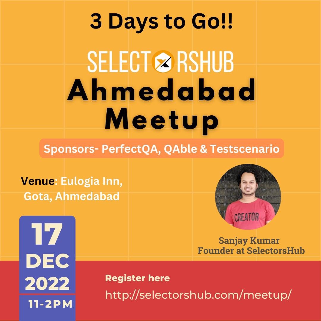 SanjayKumaarr's tweet photo. 3 more days to go!! 
Register now &amp; block your seat-
https://t.co/Pl4NPYwCgR

#selectorshubmeetup #ahmedabad #qameetup #testingevent https://t.co/vYjoFbIEfm