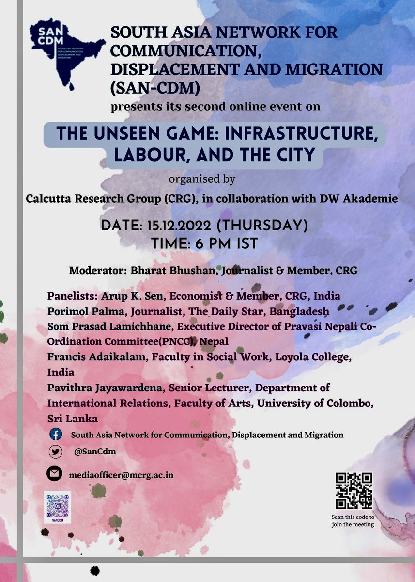 CRG in collaboration with DW Akademie invites you to the second online event SAN-CDM:
"The Unseen Game: Infrastructure, Labour and the City"
15.12.2022, Thursday, at 6.00 pm IST
Join Zoom Meeting
us06web.zoom.us/j/85371746514...
Meeting ID: 853 7174 6514
Passcode: 275958