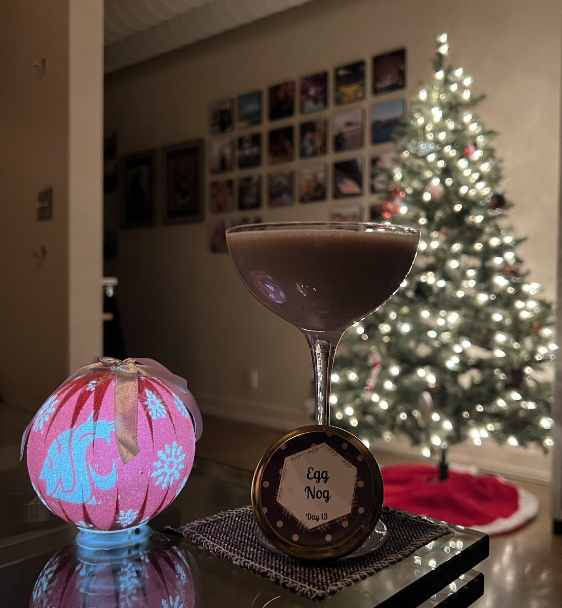 Day 13 Advent Cocktail with my Christmas tree I set up today; along with a Coug ornament that lights up in recognition of the tough day Cougs had today. #RIPCoachLeach, you will be missed.