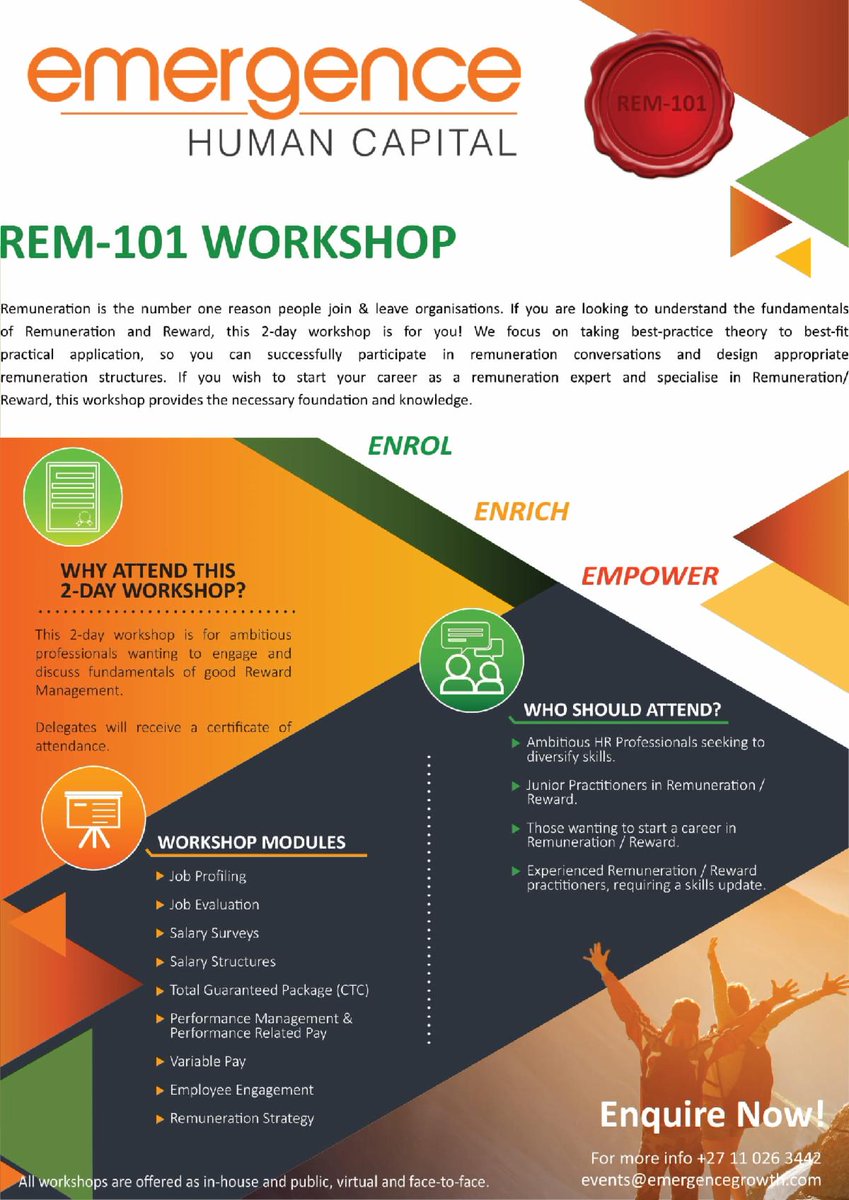 EmergenceGrowth's tweet photo. Remuneration is the number 1 reason people join and leave organisations. If you are looking to understand the fundamentals of Remuneration &amp; Reward, this 2-day workshop is for you! 
Register today - https://t.co/pQq5NZ0CGv https://t.co/m1tbOk329Z