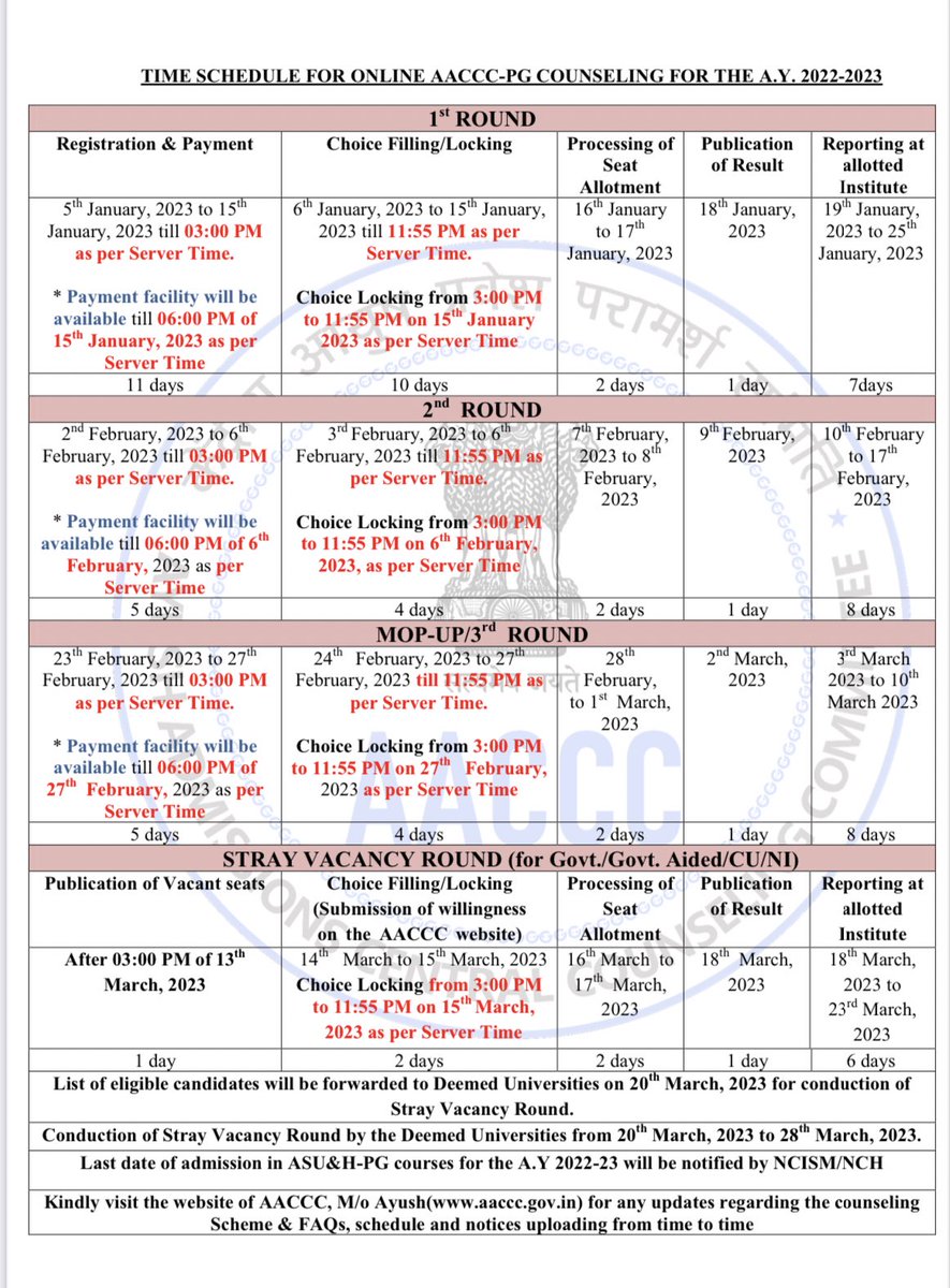 Dr_saharsh's tweet image. SCHEDULE FOR ONLINE #AACCC-PG COUNSELING FOR THE A.Y. #PG