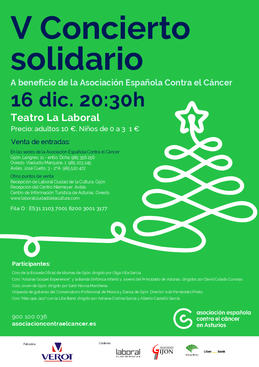 consergijon's tweet photo. Este viernes 16, concierto solidario en @LaboralCdlC a favor de @ContraCancerAST.

Participan, entre otros, la #LittleBand, junto al Coro @MasqueJazz, y la Orquesta de #Guitarras. 

Información sobre entradas y #filacero en el cartel. 

#solidaridad #concierto #conciertosolidario https://t.co/AG3l4RJlmj