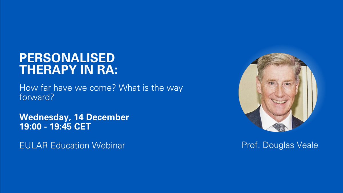 📢Join us for the Educational Webinar on Personalized therapy in RA: How far have we gone?

👨‍🏫Speaker: Prof. Douglas Veale

📆Wednesday, 14 December 2022, 19:00 - 19:45 CET

learn more and register 👉 pulse.ly/ga9lglqtub

#eularEDUCATION#Rheuma #Rheumatology