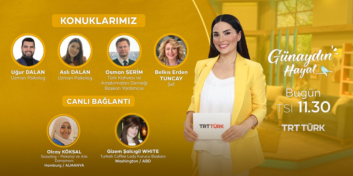 Her sabah #GünaydınHayat diyerek sımsıcak sohbetler, uzman konuklar, Avrupa’dan canlı bağlantılarla evlerinize misafir olmaya devam ediyoruz. ☀️

"Günaydın Hayat" hafta içi her gün TSİ 11.30'da #TRTTÜRK'te!📺

<a href="/udalan/">Ugur Dalan</a> <a href="/aslidalan/">Aslı Dalan</a> <a href="/OsmanSerimm/">Osman Serim</a>