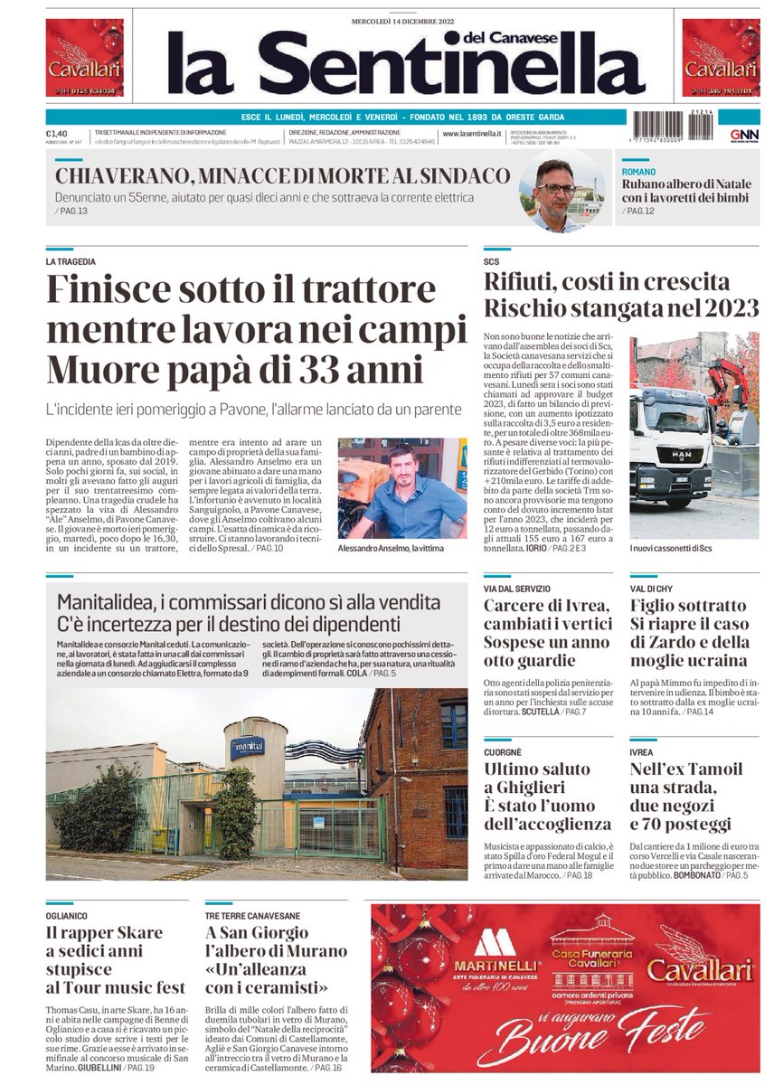 la_sentinella's tweet photo. Buongiorno con la prima pagina della Sentinella in edicola mercoledì 14 dicembre https://t.co/WtdweXgmBN https://t.co/TGxmzKUC53