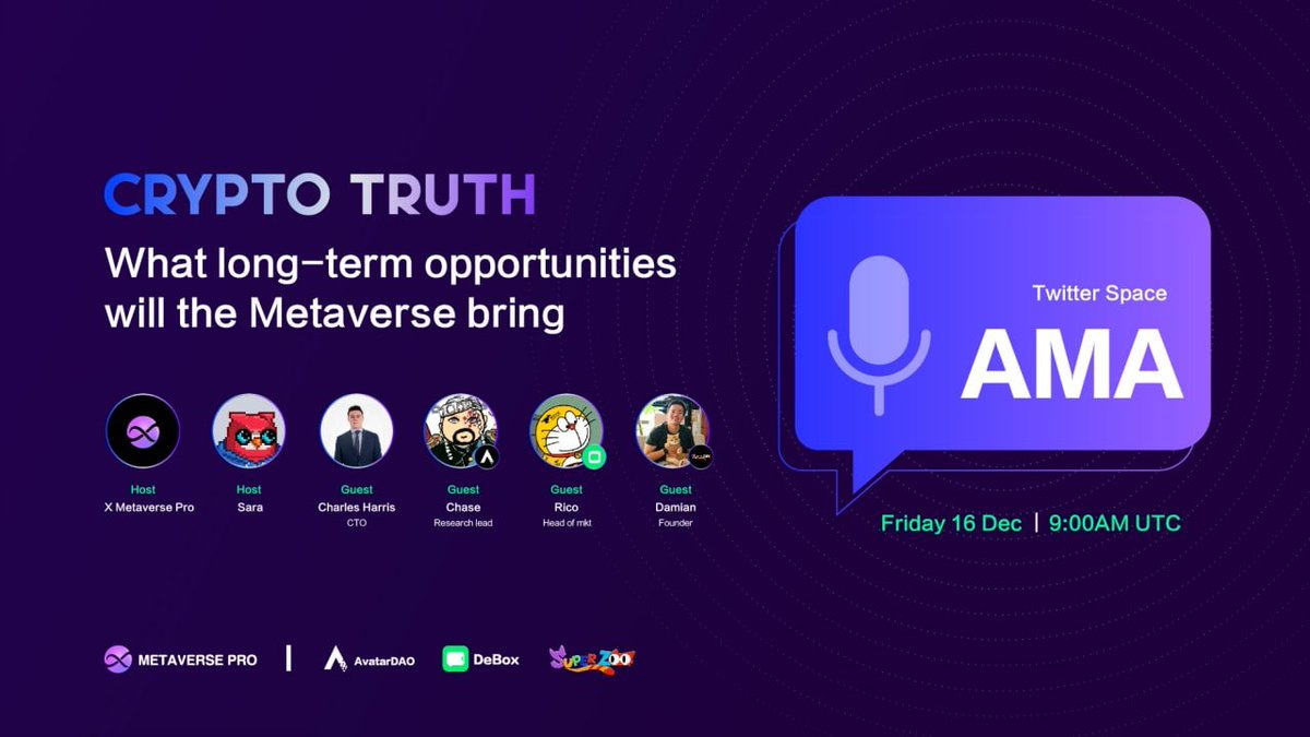 📣X MetaversePro Twitter Space!

Time:16 Dec|9:00 AM UTC
📍Venue:x.com/i/spaces/1ZkJz…
Prize Pool: $200XMETA
How to win prizes?

1. Follow
<a href="/XMetaversePro/">X-Metaverse Pro</a>
<a href="/avatar_dao/">Gruuuth</a>
<a href="/DeBox_Social/">DeBox</a>
<a href="/superzoo_io/">SuperZoo (🐱, 🐱)</a>
2. Like&amp;RT@ 3Friends
3. Ask questions in the space!