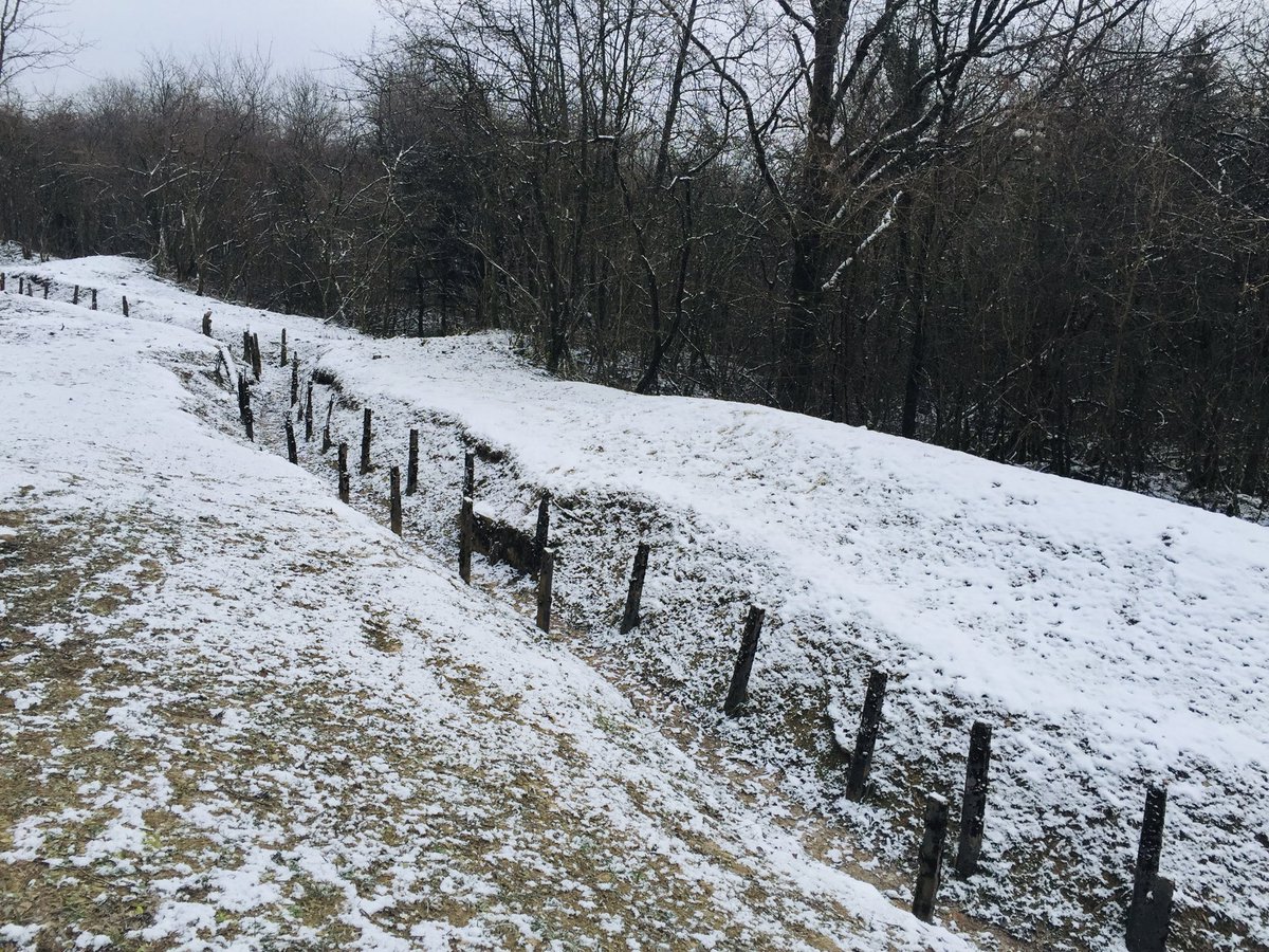 The shallow remains of a #WW1 trench - Boyau de Londres - in the snow near Fort Douaumont at Verdun. #DailyBattlefields