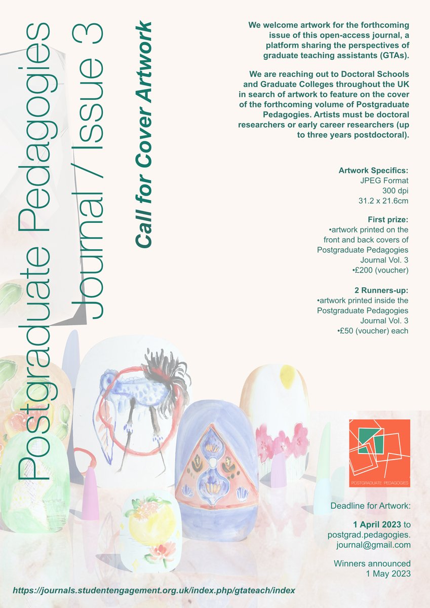 Kristy Campbell (@kristycampy) on Twitter photo Calling all graduate artists! We welcome submissions of artwork for the cover of the forthcoming issue of Postgraduate Pedagogies! Deadline 1 April 2023. #opencall #callforart #postgraduate #journalartwork #education #university #academicjournal #ecrchat #phdlife <a href="/pgpedagogies/">Postgraduate Pedagogies Journal</a> Calling all graduate artists! We welcome submissions of artwork for the cover of the forthcoming issue of Postgraduate Pedagogies! Deadline 1 April 2023. #opencall #callforart #postgraduate #journalartwork #education #university #academicjournal #ecrchat #phdlife <a href="/pgpedagogies/">Postgraduate Pedagogies Journal</a>