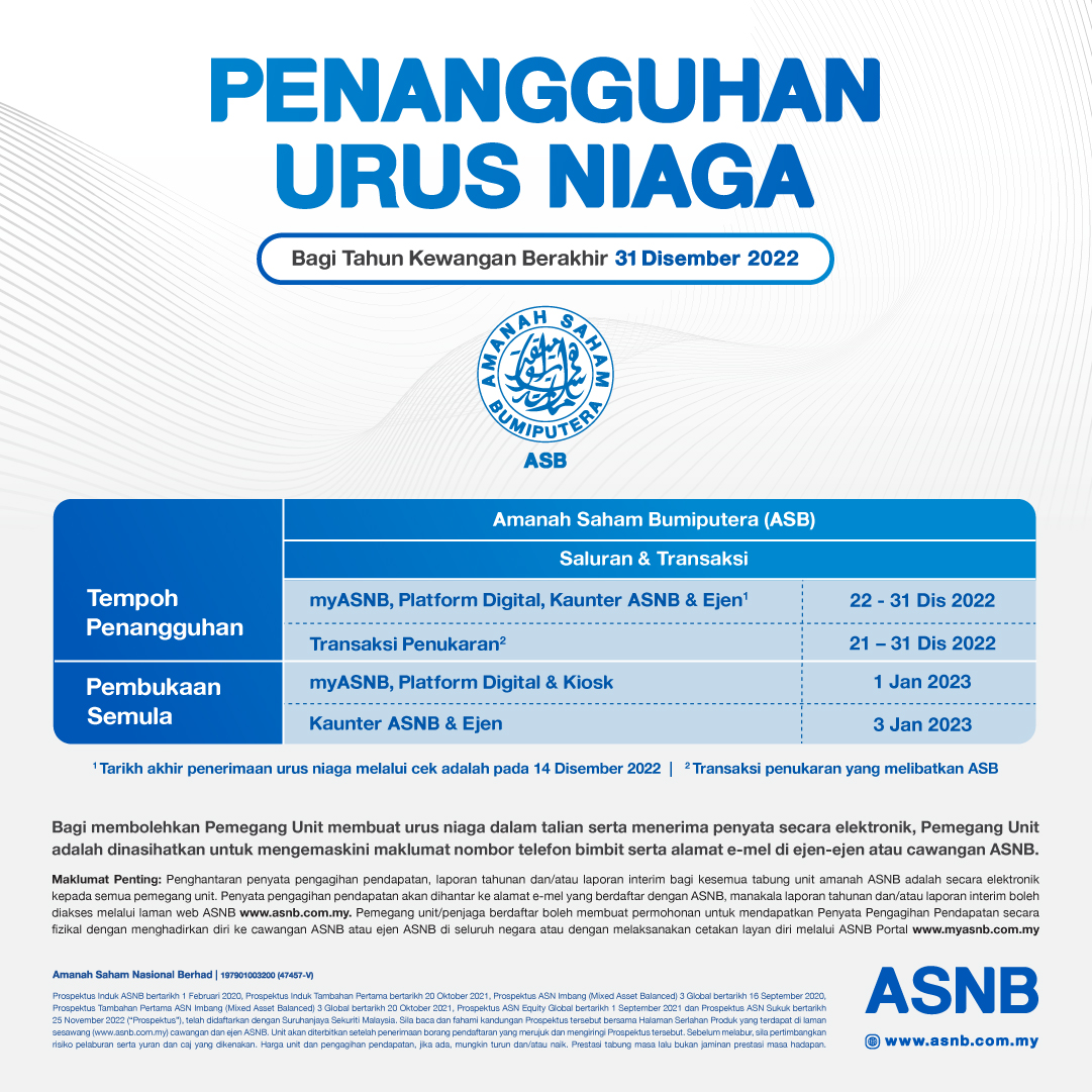 Makluman tarikh penangguhan urus niaga bagi Amanah Saham Bumiputera (ASB) bermula 21 Disember hingga 31 Disember 2022.

Urus niaga ASB akan dibuka semula menerusi myASNB, platform digital dan kiosk pada 1 Januari 2023. Manakala saluran lain akan dibuka semula pada 3 Januari 2023.