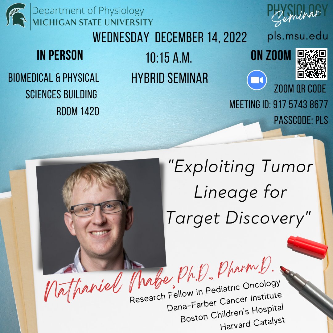 Join us this morning at 10:30 a.m as we welcome Dr. Nathaniel Mabe from the Dana-Farber Cancer Institute! 

Join in person in BPS room 1420 or on Zoom!
#msupsl #physiology #ResearchSeminar #research#pathology #neuroscience #cancer #cancerresearch #seminar #morningcoffee